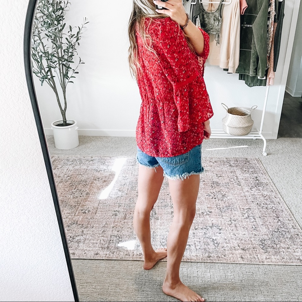 LUCKY BRAND Red Floral Chiffon BOHO Top - Picture 4 of 12